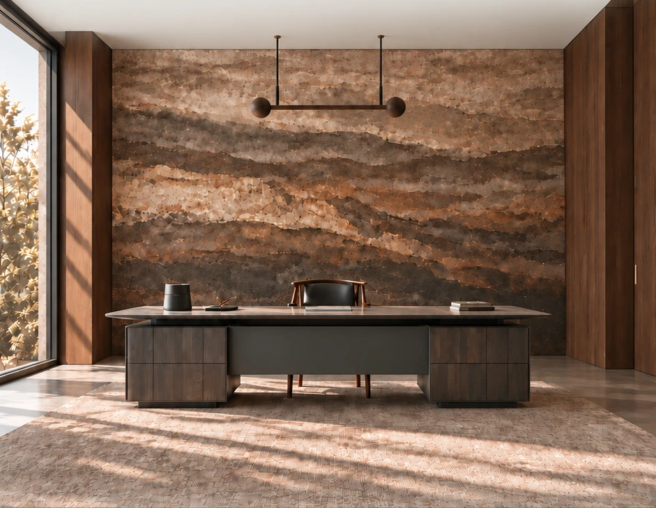 Executive office concept with a desk, rear chair, storage and wallpaper