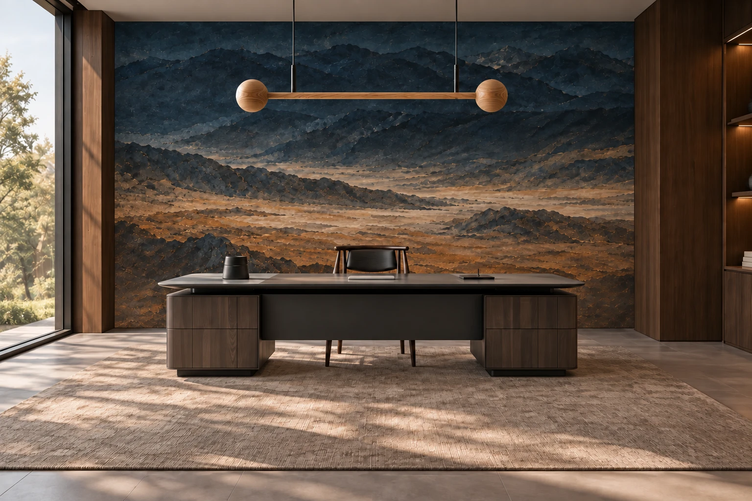 Beyond: wallpaper-led Chairman’s Suite, desk and rear executive chair, with no front chairs